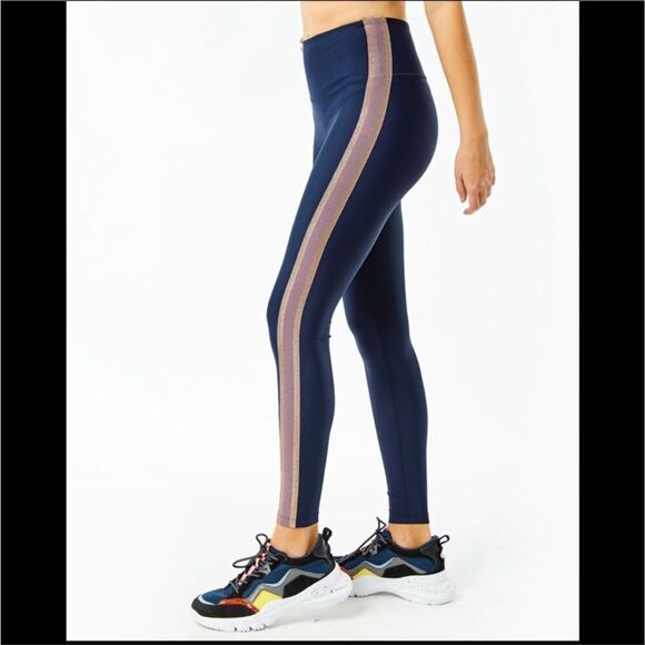 Nylora Bartley Leggings Navy Blue with gold and Lavender  Stripe on sides Sz L - Picture 2 of 16